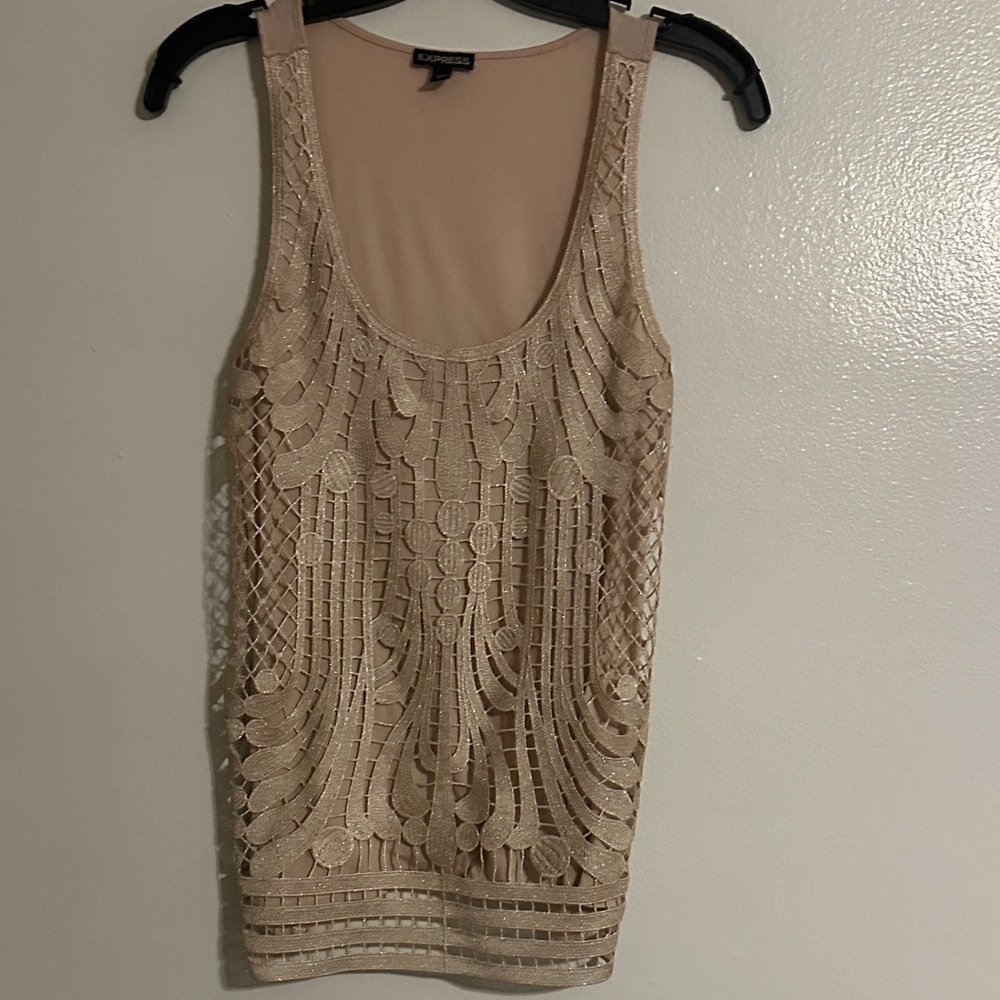 Express Neutral Beige Embellished Lace Tank